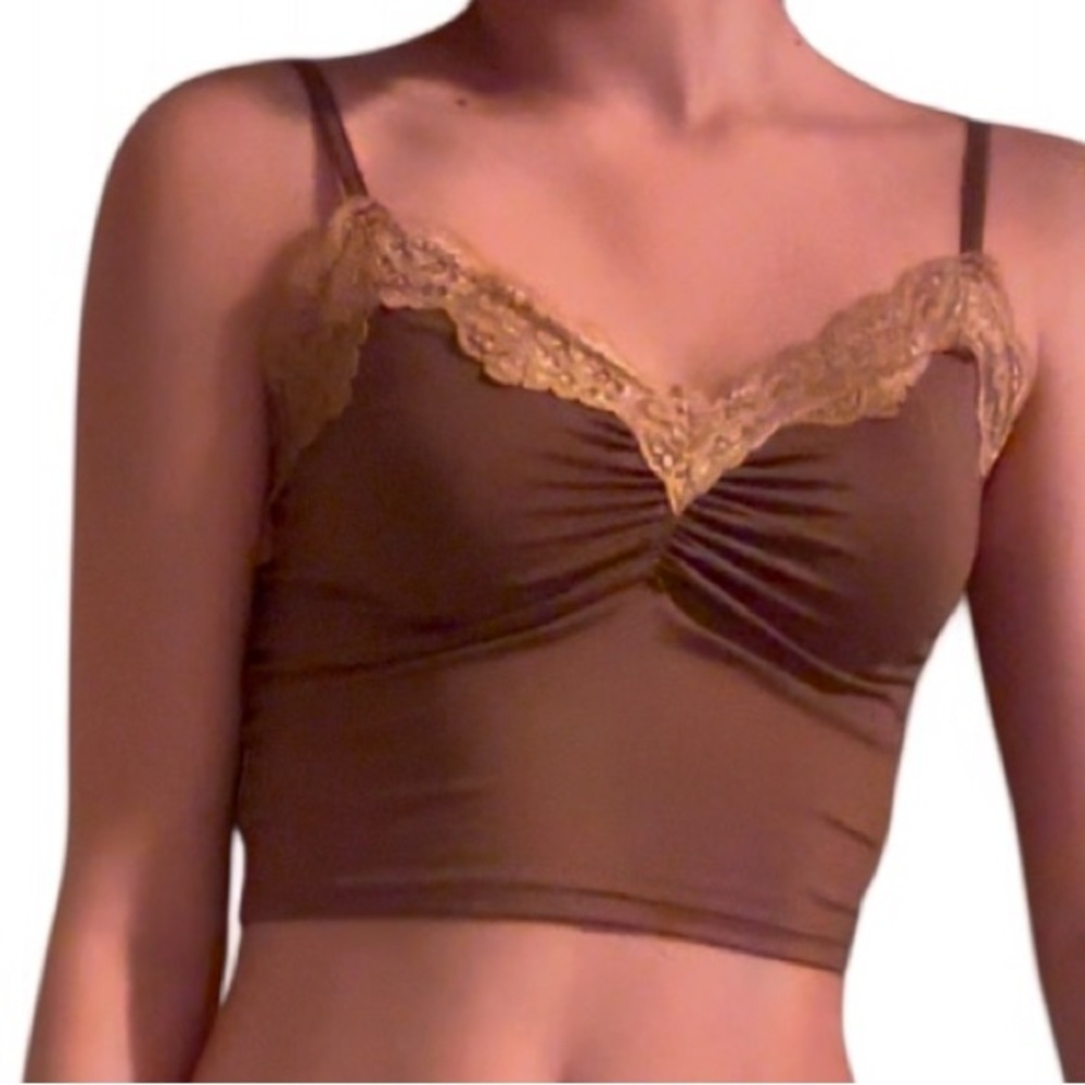 brown lacy tank top cropped silky